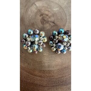 Vintage 1950s Iridescent Aurora Borealis Round Clip On Earrings Blue Gold Japan